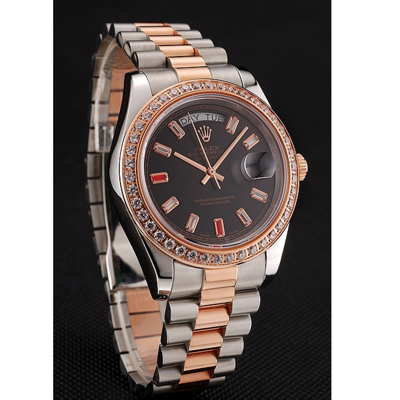 Aaa replica watch Rubies Rose Steel And Rolex Bracelet Dial 1454106 Black Diamonds Day-Date And Swiss Gold Staineless 0820